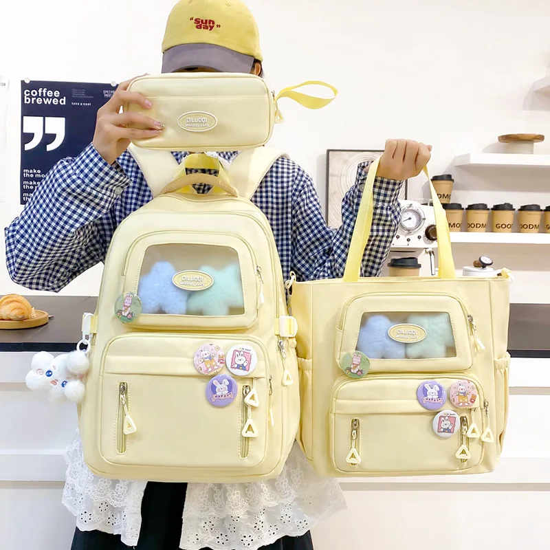 Japanese Junior Students Schoolbag Set Ins Girls Cute Backpack Handbag Book Bag Pen Bag 3pcs Transparent Pocket School Satchels