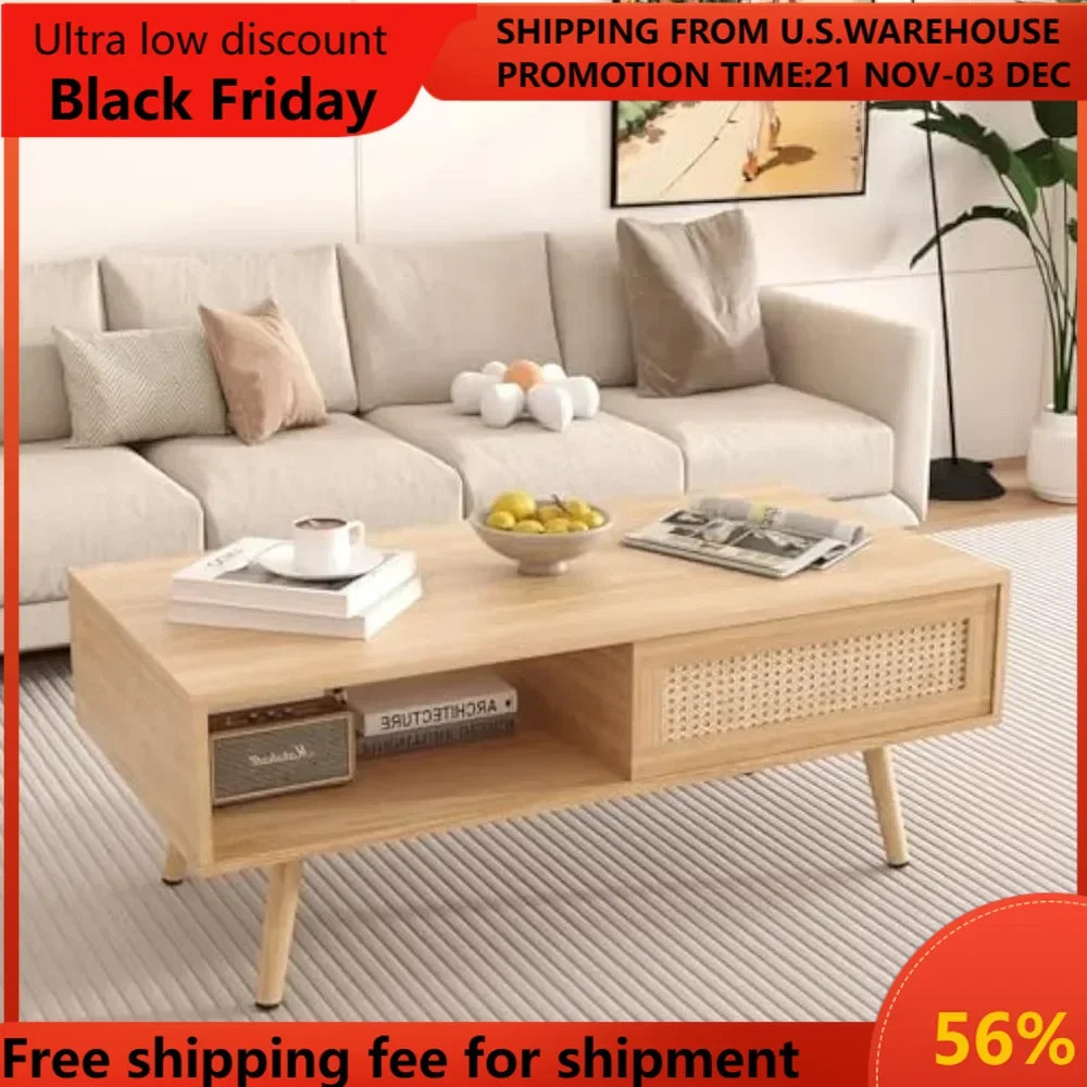 Modern Rattan Coffee Table with Sliding Door Storage, 41.3 Inch Small Wood Coffee Table with Solid Wood Legs, Boho Coffee Tables