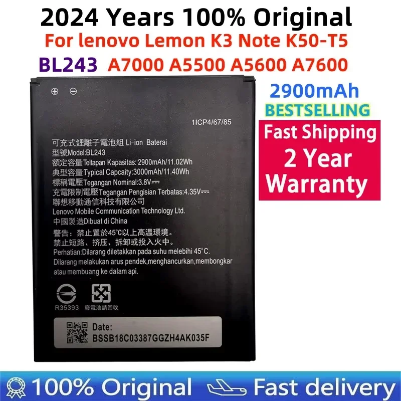 100% Original Backup 2900mAh BL243 Mobile Phone Battery For Lenovo K3 Note K50-T5 A7000 A5500 A5600 A7600 Battery