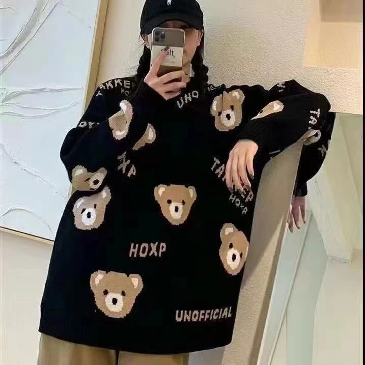 Korean College Style Sweater Women Autumn Winter Cartoon Teddy Bear Jacquard Loose Knitted Pullover