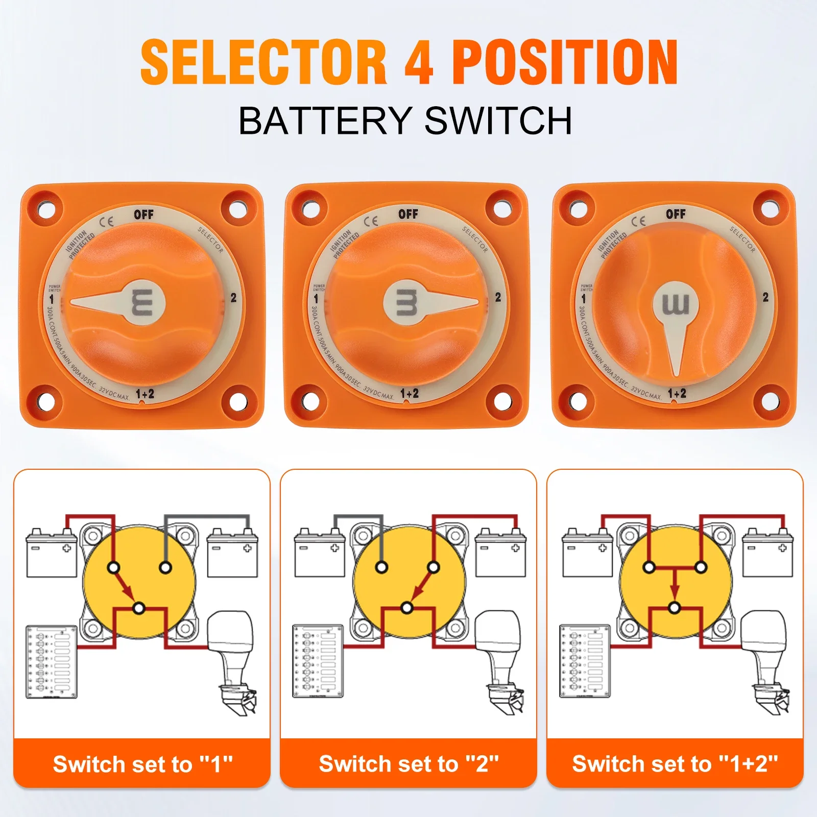 Мини-селектор серии M, 4-позиционный переключатель аккумулятора 300A 32 В постоянного тока M10 для кемпера, автофургона, грузовика, лодки, автомобиля, изолятор, отключающий поворотный переключатель