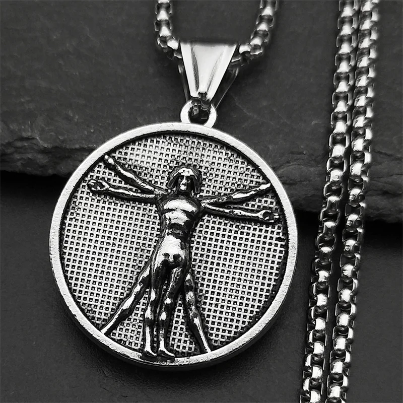 دافنشي رسم فيتروفيان رجل ميدالية مستديرة قلادة قلادة للنساء الرجال الفولاذ المقاوم للصدأ الذهب والفضة اللون الجمالية الفن مجوهرات