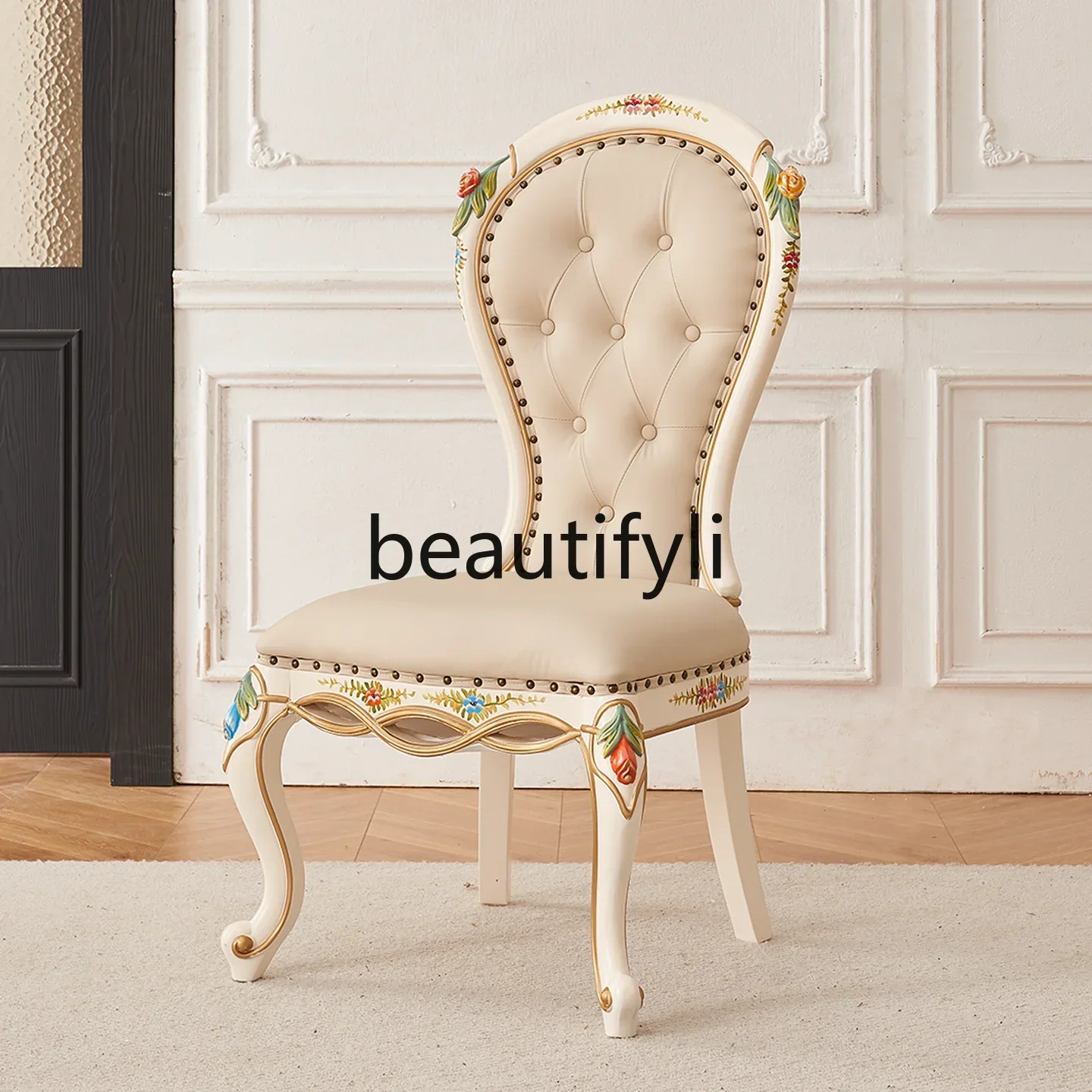 

French European high-end painted villa solid wood dining chair comfortable soft bag Chinese armchair negotiation chair0420