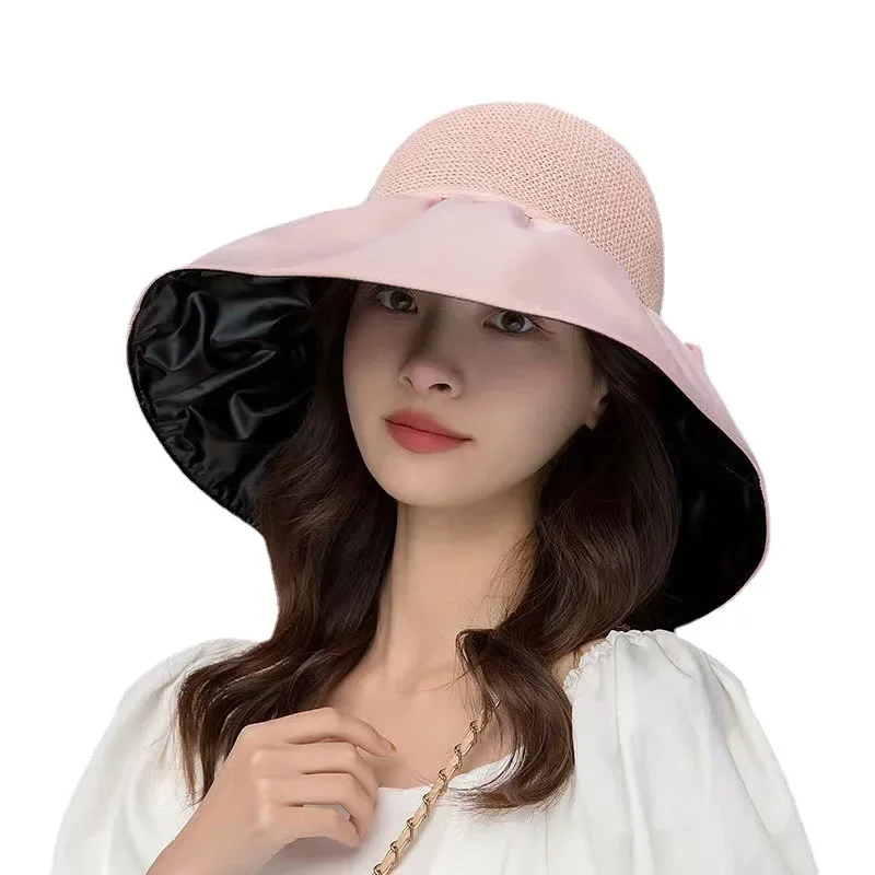 New outdoor big eaves spring and summer bow can be stored folding beach bucket hat women's fashion versatile sun hat