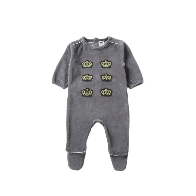 Baby footies rompers clothes long sleeves newborn overalls kids boy and girls grey clothes baby velour winter crown romper