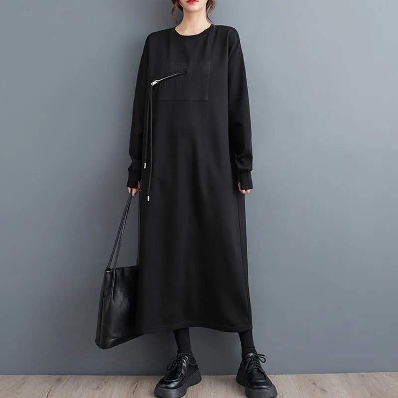 

#3751 Autumn Winter Straight Black Sweatshirt Dress Women Korean Fashion Round Neck Long Sleeve Dress Ladies Ankle-length