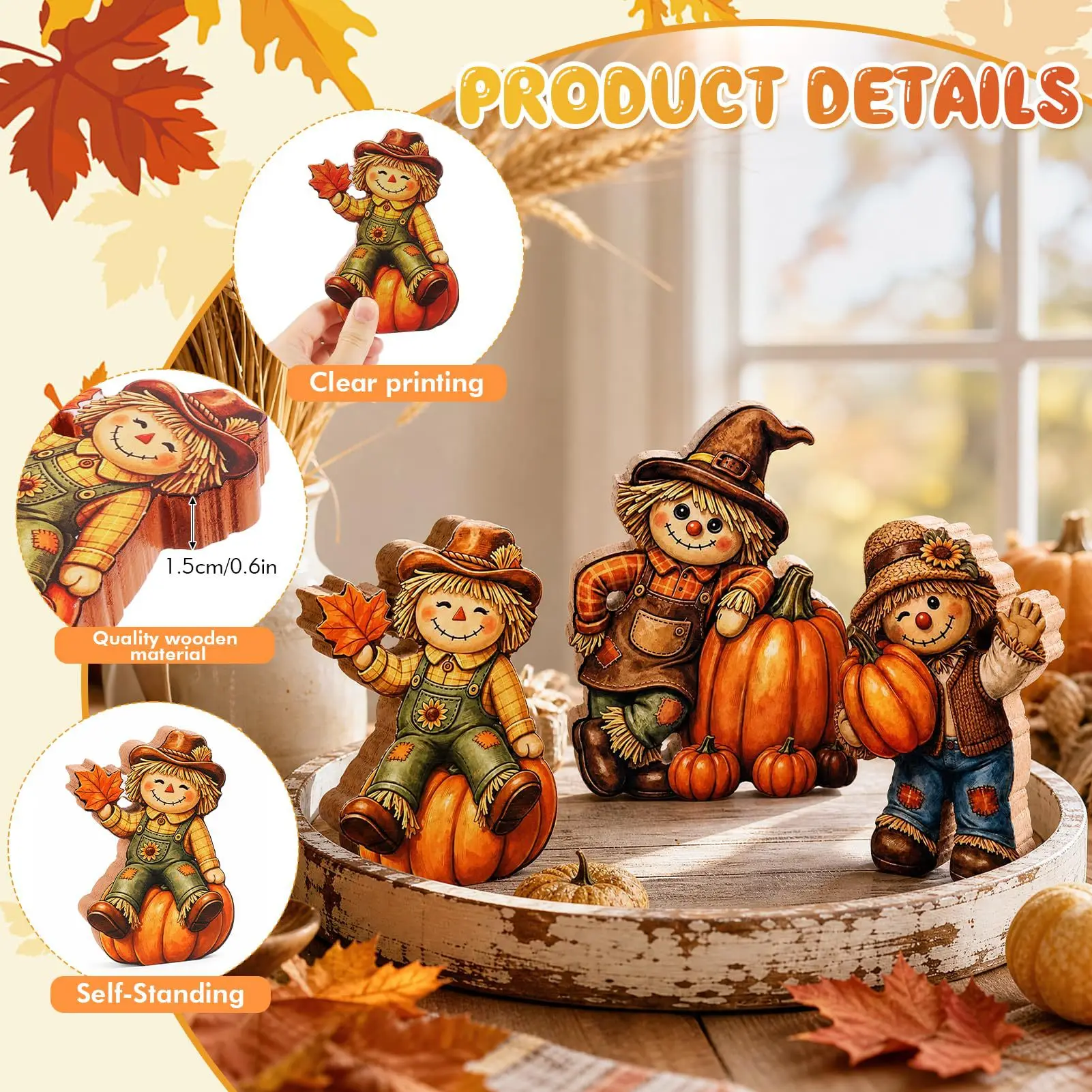 Set Autumn Scarecrow Wooden Ornaments, Wooden Thanksgiving Table Decorations, Vintage Autumn Standee Table Decoration Set,