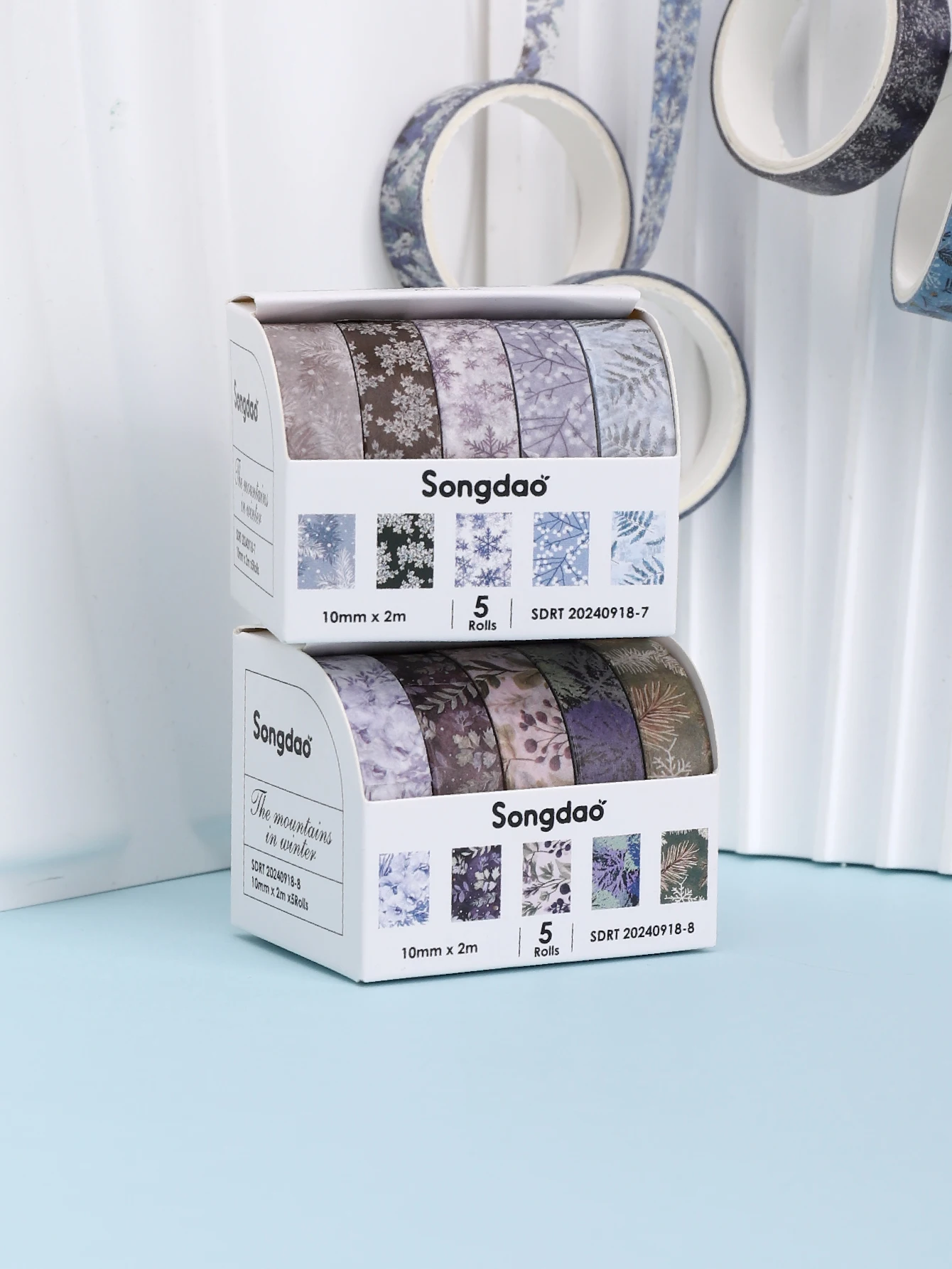 5 Rolls/Box Winter Snow Washi Tape Set Frosted Leaf Snowflake Branch Pattern for Journaling Scrapbooking Planner Collage Crafts