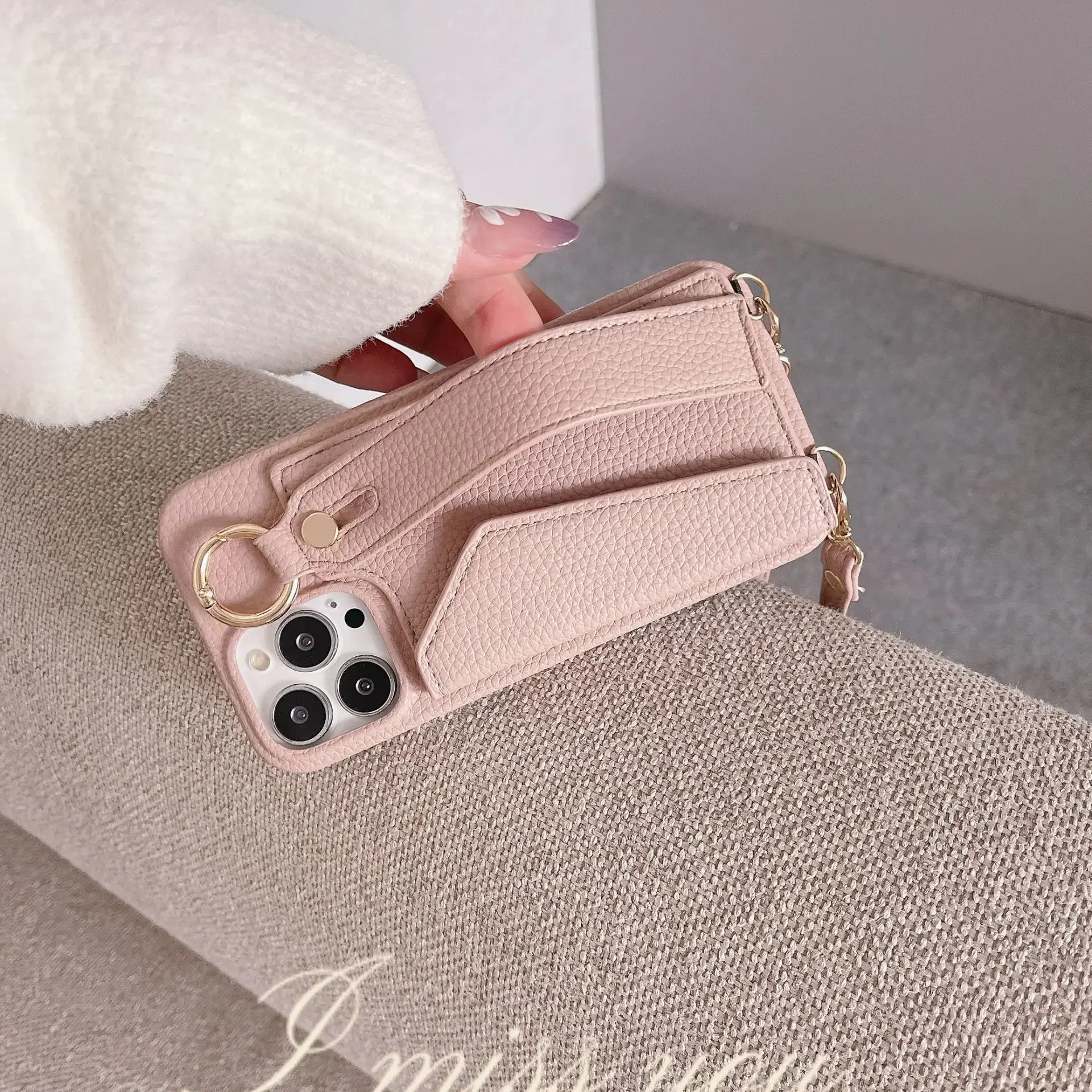 Ring-Crossbody-Handgelenkriemen-Brieftaschen-Lederhülle für iPhone 17 16 15 14 13 12 11 Pro Max Handyhülle mit Kartenfach und Lanyard – Detail 4