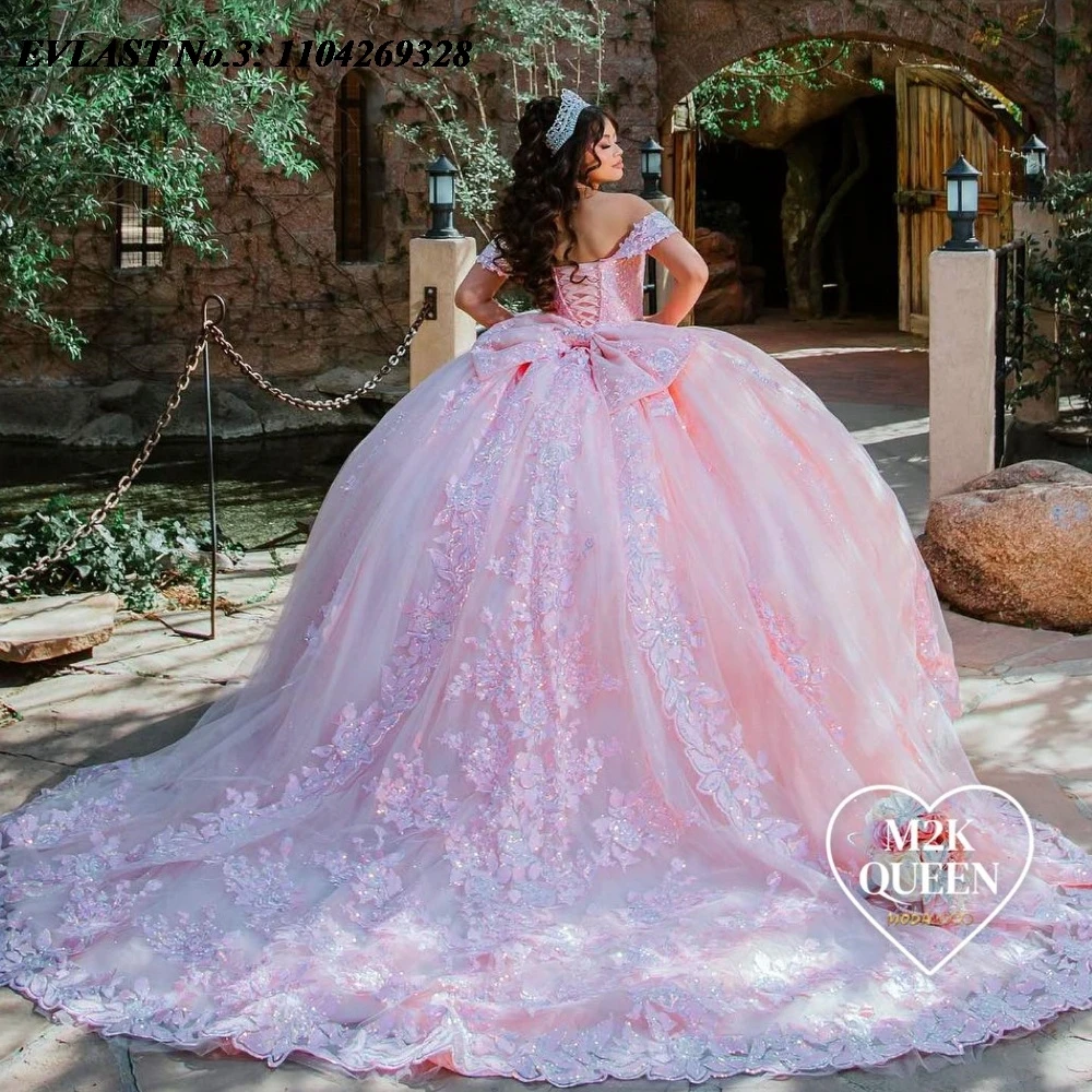 

EVLAST Customized Pink Quinceanera Dress Ball Gown Floral Applique Beading Mexico Bow Corset Sweet 16 Vestidos De 15 Anos E3Q60