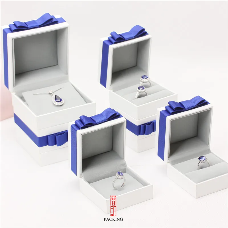 

Simple bow white and blue high-end ring box pair ring box earring box necklace box jewelry box for jewelry gift packaging