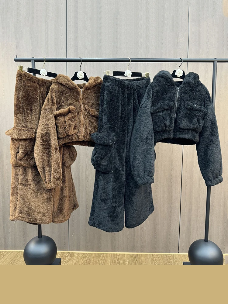 GALCAUR Winter 2 Piece Set Women Hooded Long Sleeve Spliced Pocket Plush Teddy Short Jacket Wide Leg Trousers Solid Suit Female