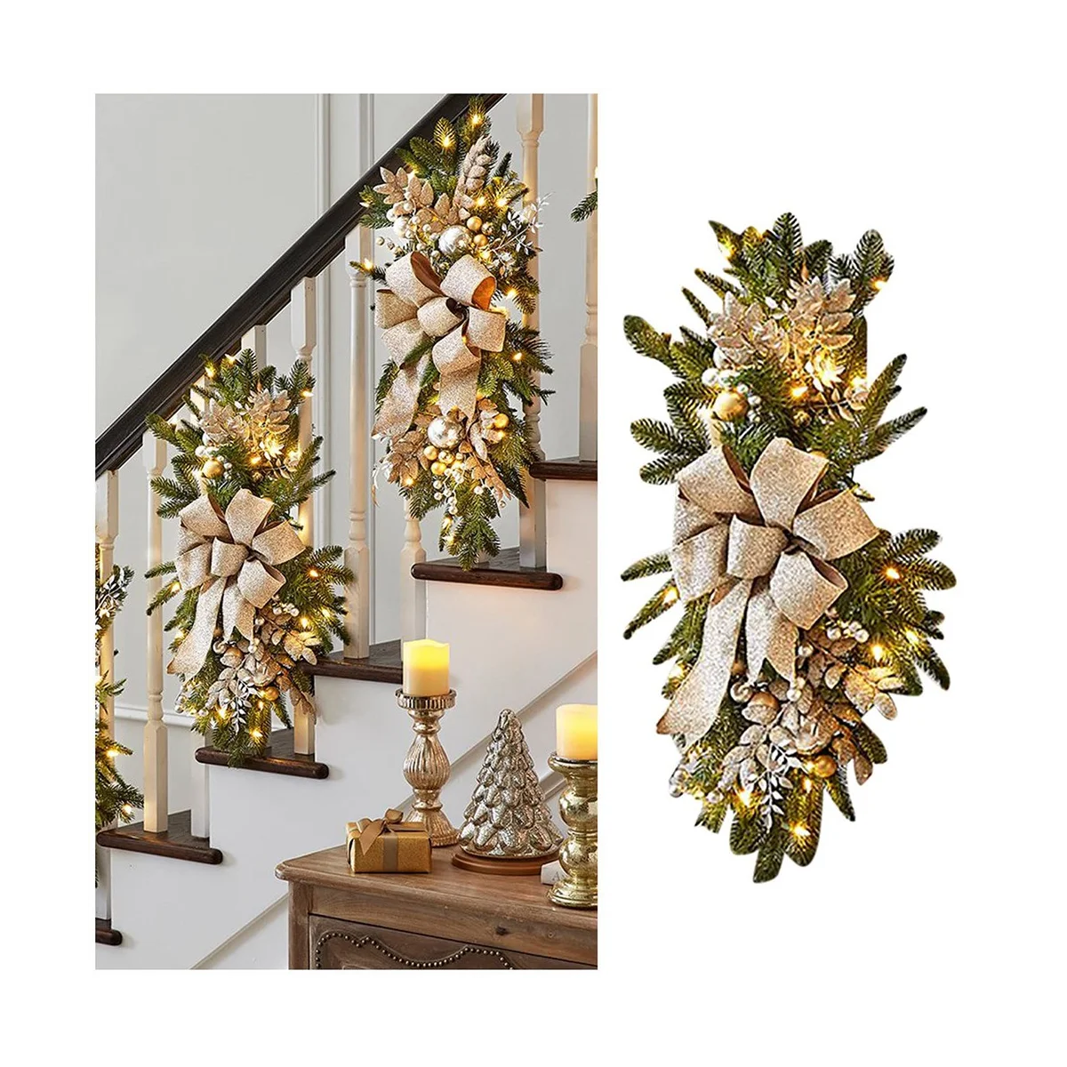 Guirxiété de Noël Swag pour escaliers, porte, cheminée, fenêtre, extérieur, intérieur, décor de Noël rouge