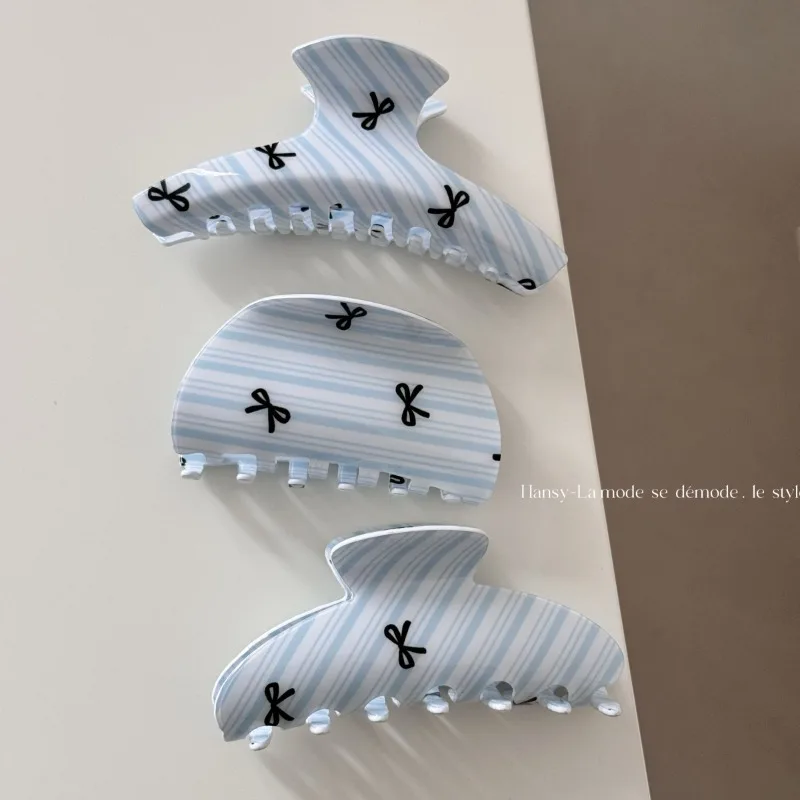 

Blue white striped bow hair claw clip advanced shark grip fashionable women hair accessories new