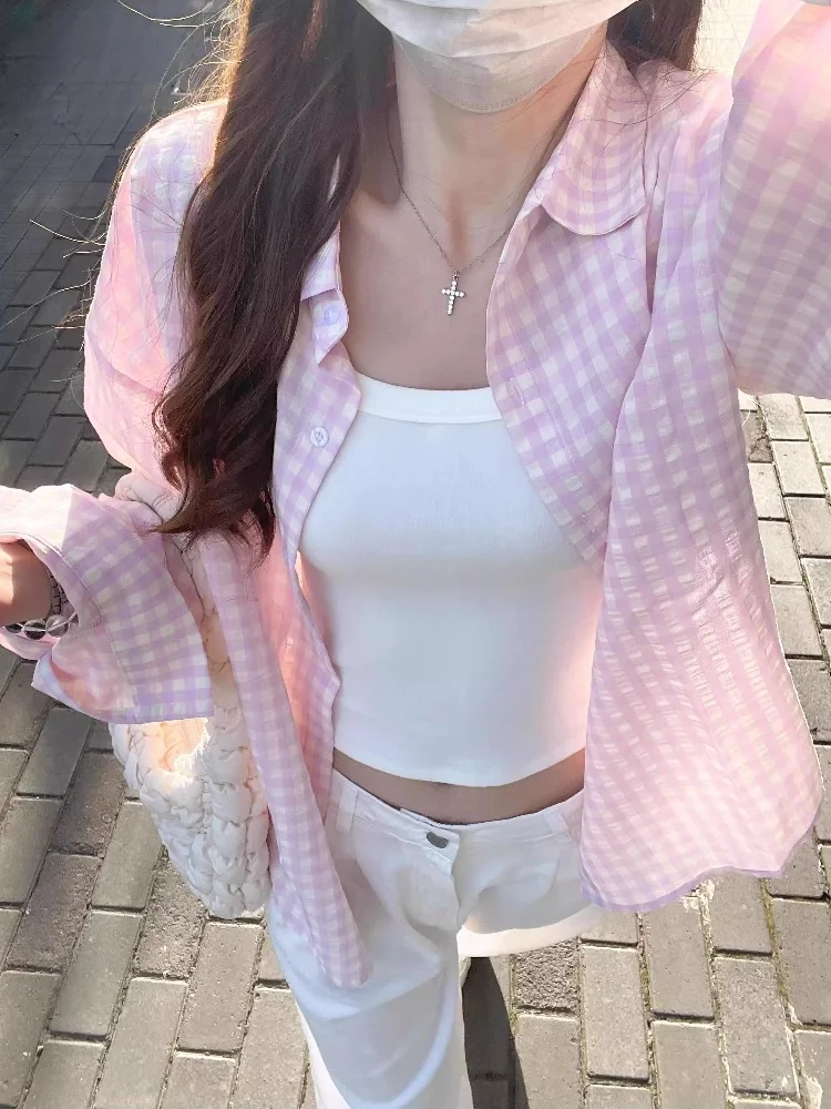 Rosa Plaid Loose Fit da donna irt Sottile Protezione solare Capispalla casual Coreano Sle Autunno Nuovo arrivo Versatile Pendolarismo Vento
