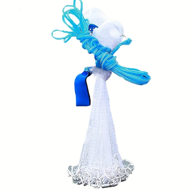 

Nylon hand-thrown fishing net, loopless design, blue handle, suitable for catching fish and shrimp, sturdy construction.