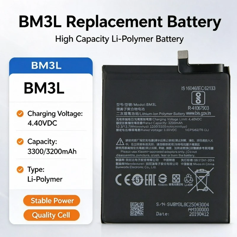 BM3L Replacement Phone Battery 3200mAh Lithium Polymer Stable Power Output for Xiaomi Mi 9 Repair Replacement Use