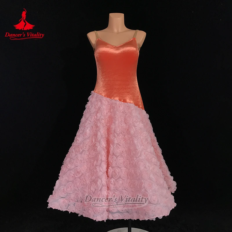 Standard Ballroom Rose Embroidery Sleeveless Backless Velvet Dresses Adult Waltz Foxtrot Clothing Customized Dancer's Vitality