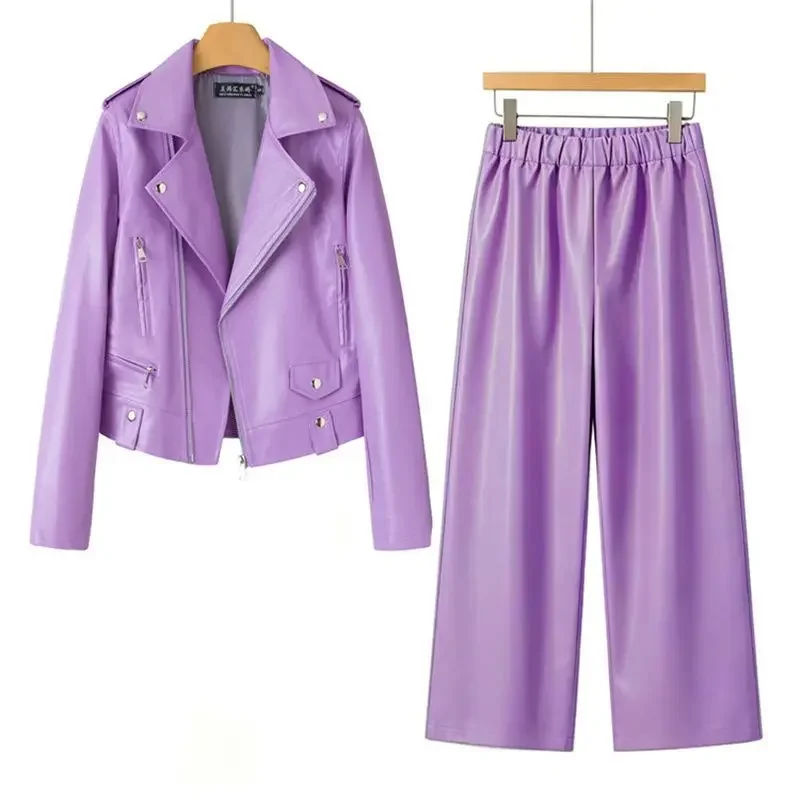 Autumn Outfit Faux Leather Motorcycle Jacket Elastic Waist Wide Leg Pants Set Biker Coat Trousers Matching Set Women 2 Piece