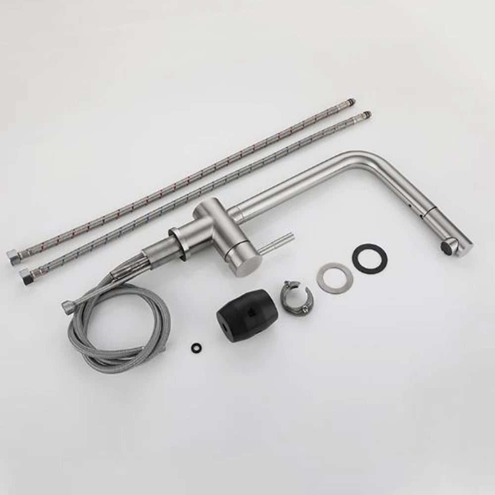 Kitchen Basin Faucet 304Stainless Steel Mixer water Cold& Hot 40 Cm Hoses Pull Out 360 Rotation Ceramic Valve Core Surface Brush