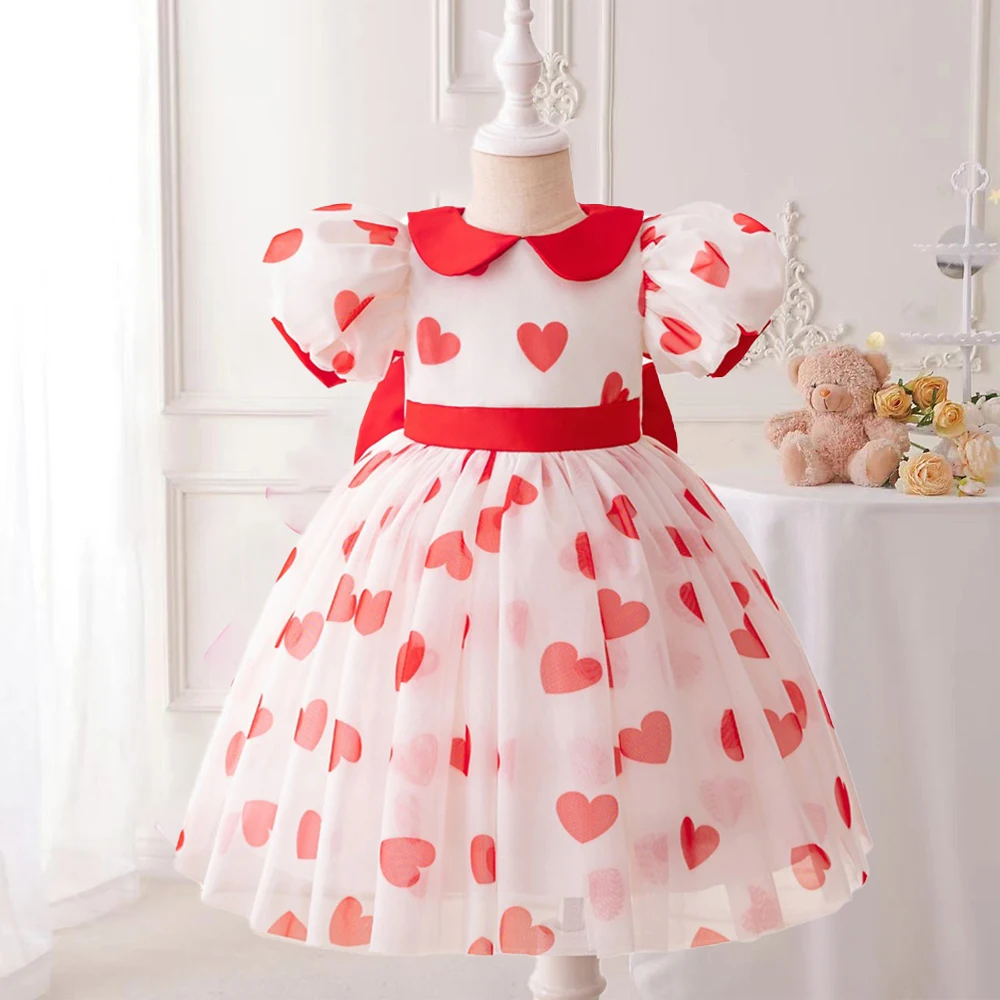 Puff Sleeve Red Love Party Girls Dress Big Bow Tulle Birthday Wedding Princess Kids Dresses for Girl Bridemaid Children Clothing