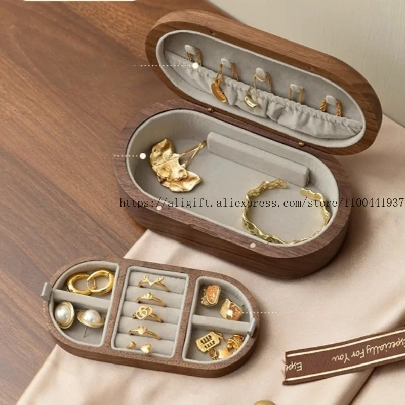 

Деревянный ящик для хранения ювелирных изделий в стиле ретро, органайзер для ювелирных изделий из черного ореха ручной работы для ожерелья, колец и браслетов