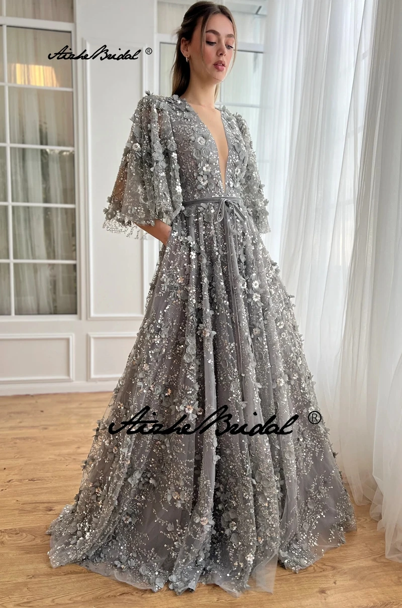 

Сексуальное серое трапециевидное платье с V-образным вырезом и рукавами до половины колокольчика с цветочной аппликациейanyika тюля длиной до пола, торжественное платье, вечернее платье для выпускного вечера