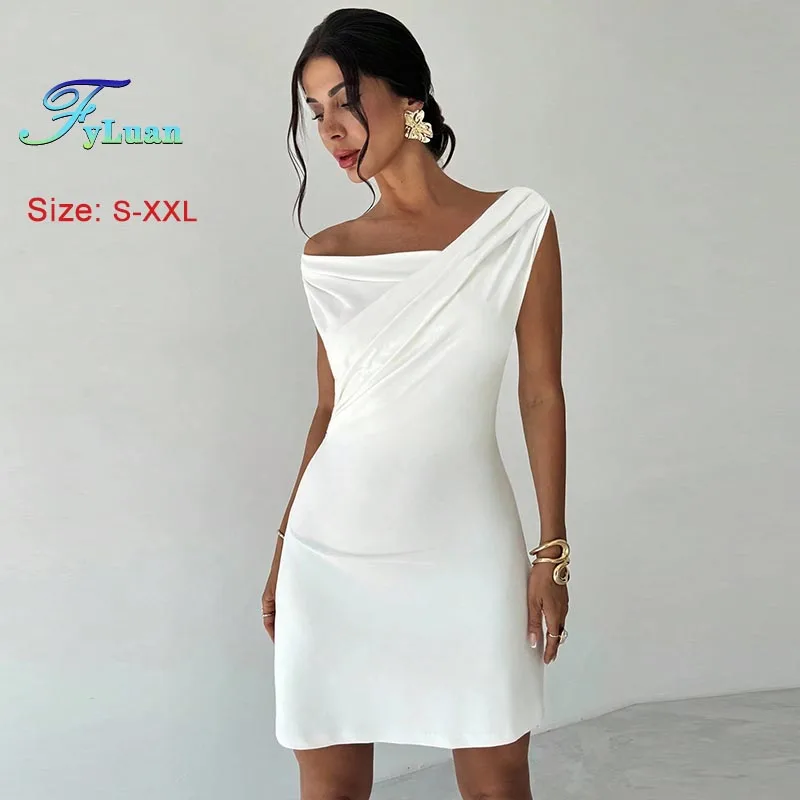 2025 moda feminina roupas vestido gola irregular sem mangas bodycon vestido branco emagrecimento mini vestido festa de aniversário vestidos de baile