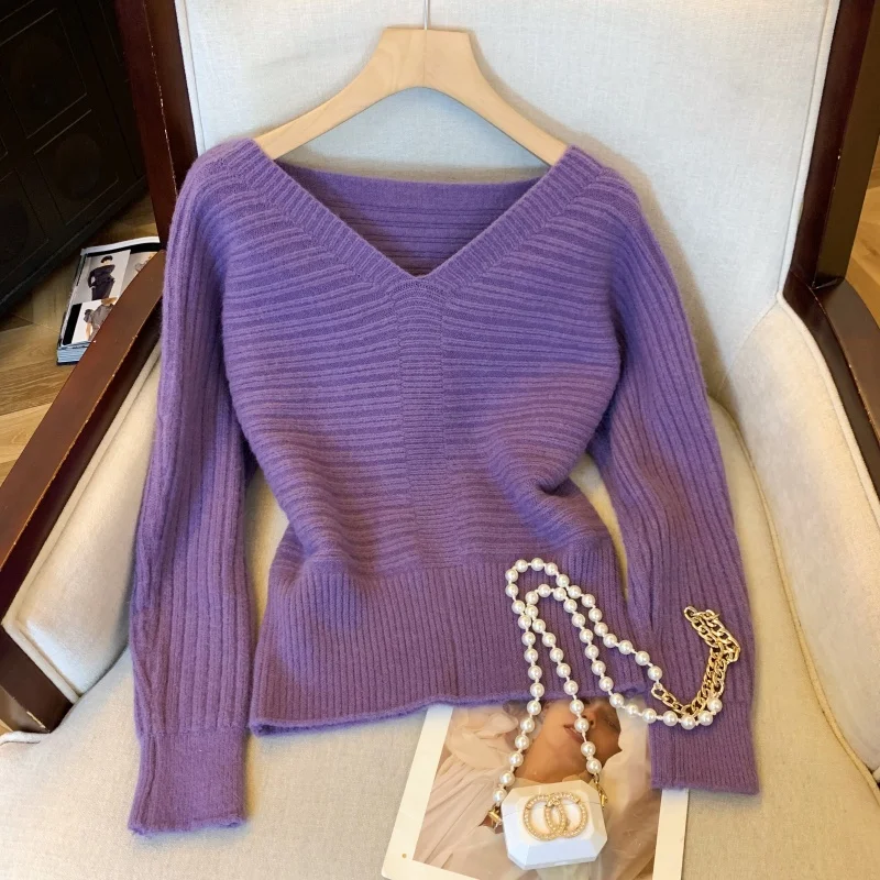 여성 오렌지 브이넥 풀오버 모헤어 스웨터 빈티지 한국 스타일 점퍼 니트 긴 소매 캐시미어 스웨터 2000년대 의류 봄