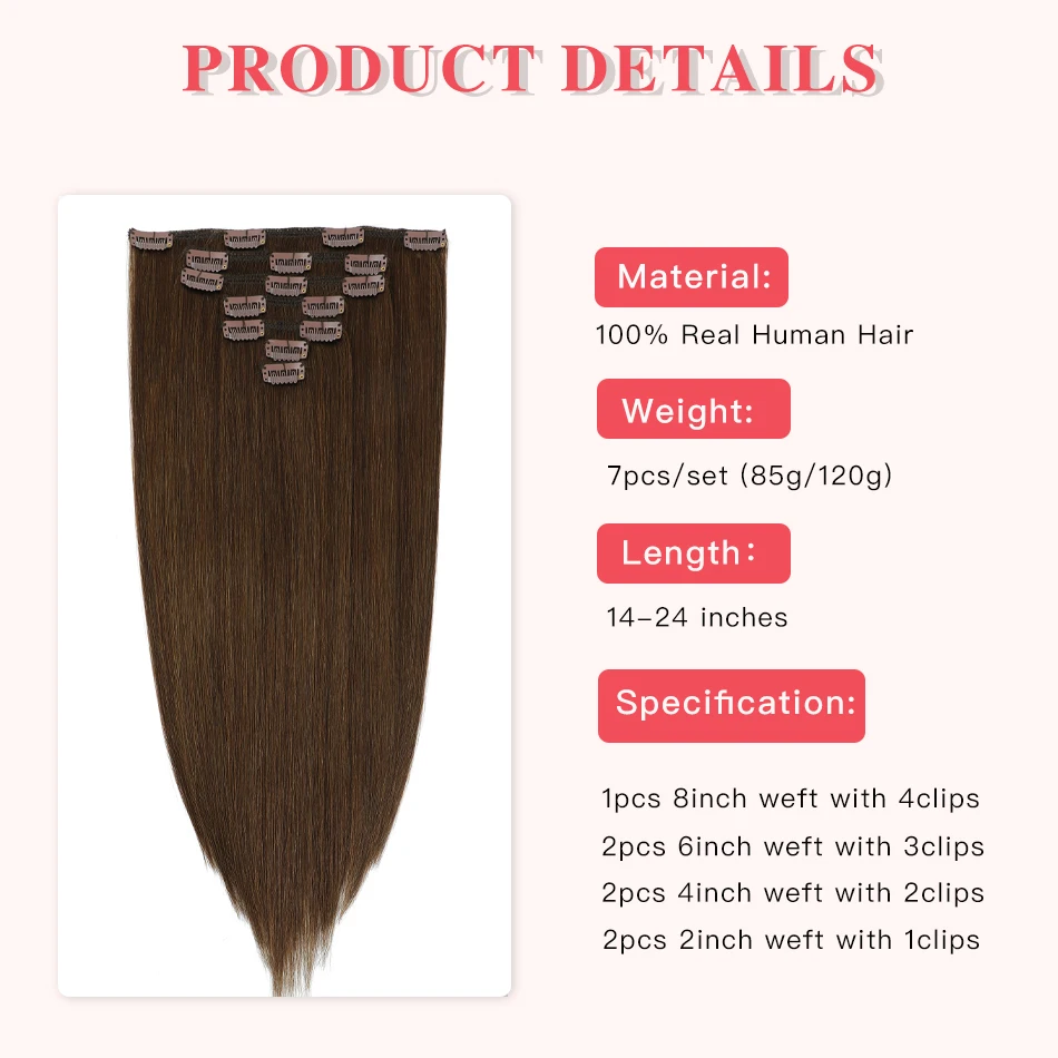 Clip in Hair Extensions Real Human Hair Straight Brown Clip in 100% Brazilian Remy Human Hair Extensions 7Pcs 120g Double Weft