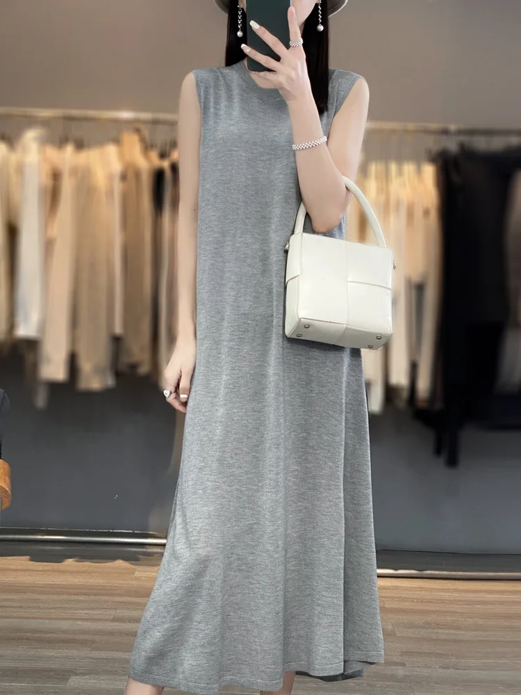 

Summer ultra-fine worsted thin wool knitted dress for women with a slim and loose temperament, lazy and over knee solid color