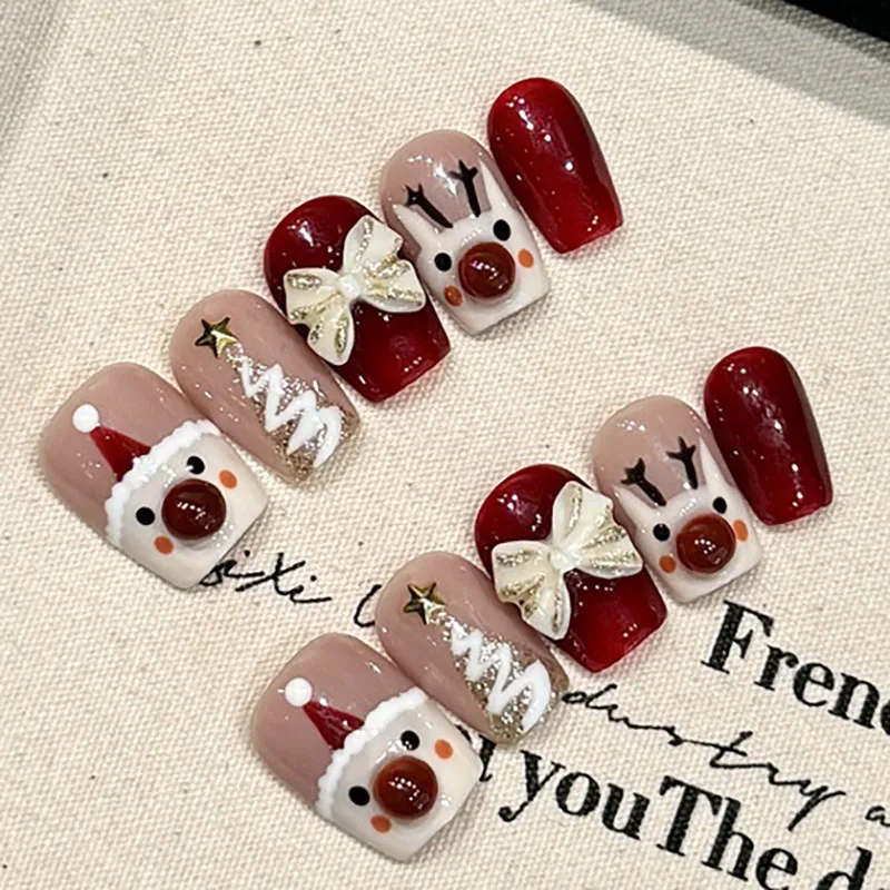 

Jingle Bells | New Christmas Short Coffin Press On Nails Handpainted Snowman Fake Nails 10pcs Handmade Wearable Nail Art Tips