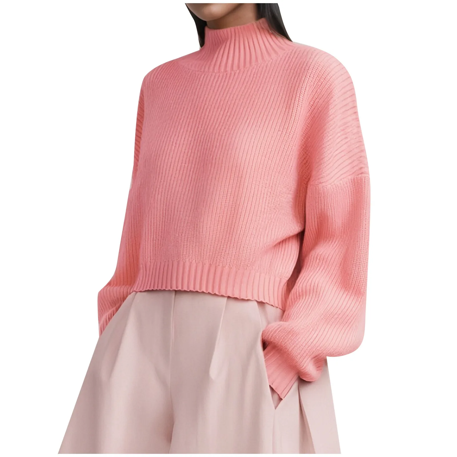 Prendas de punto de Color liso, suéter elegante de cuello alto para mujer, Tops ajustados con cuello medio alto, jersey de punto acanalado de manga larga para mujer