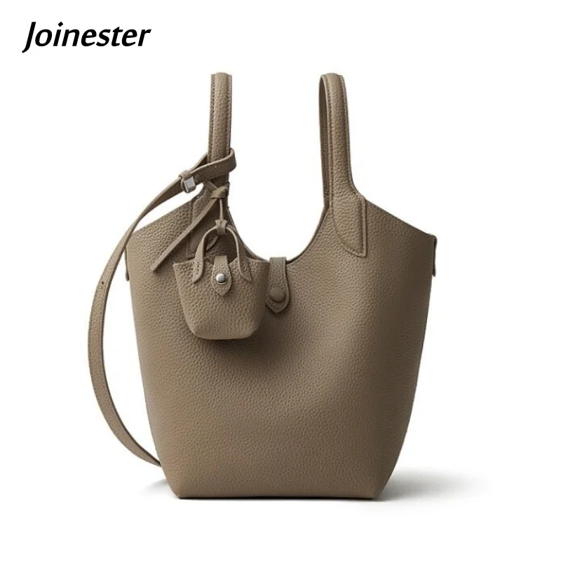 

Women Genuine Leatehr Bucket Handbag with Pouch Versatile Solid Color Fashion Shoulder Bags All Match Messenger Bag for Girls