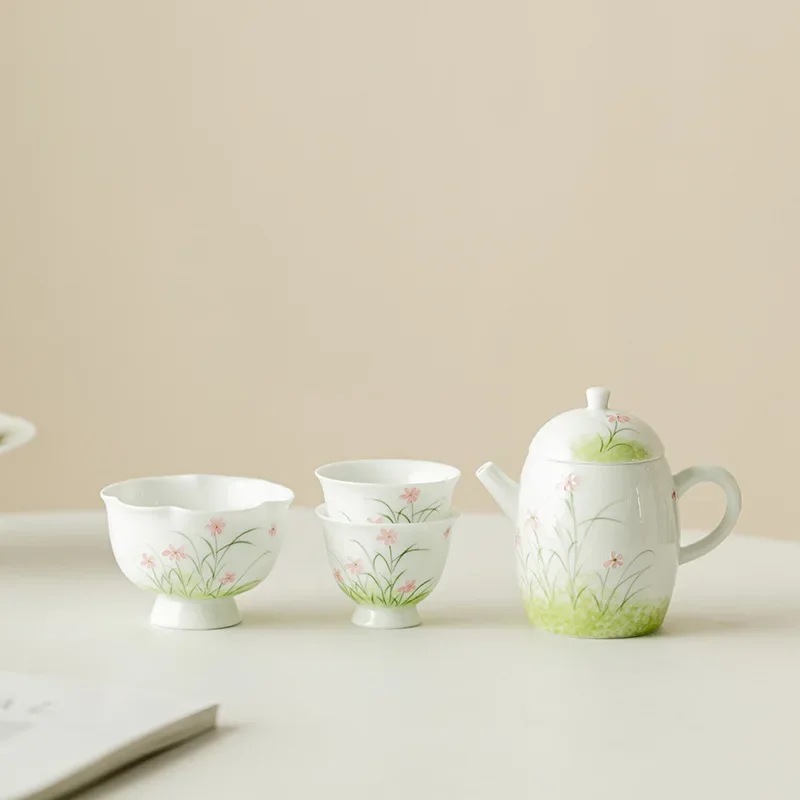 Hand-painted Grass and Flower Ceramic Teapot, Underglaze Color, High-looking Kung Fu Tea Set, One Pot Two Cups Master Cup Teacup