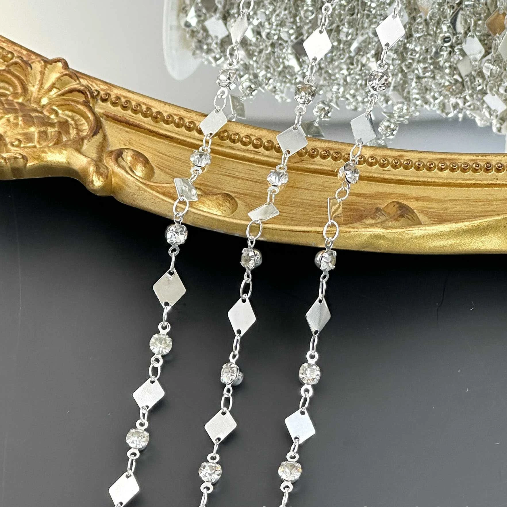 0.5/1Meter Rhombus Blocks Rhinestone Tassel Copper Chain DIY Bracelet Necklace Jewelry Making Crafts Clothing Accessories