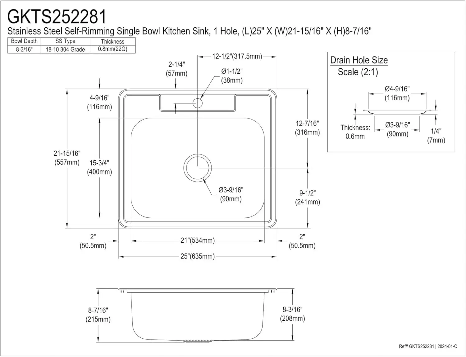 Kingston Brass GKTS252281 Studio Drop-in Kitchen Sink, 25-Inch × 22-Inch × 8-Inch, Brushed