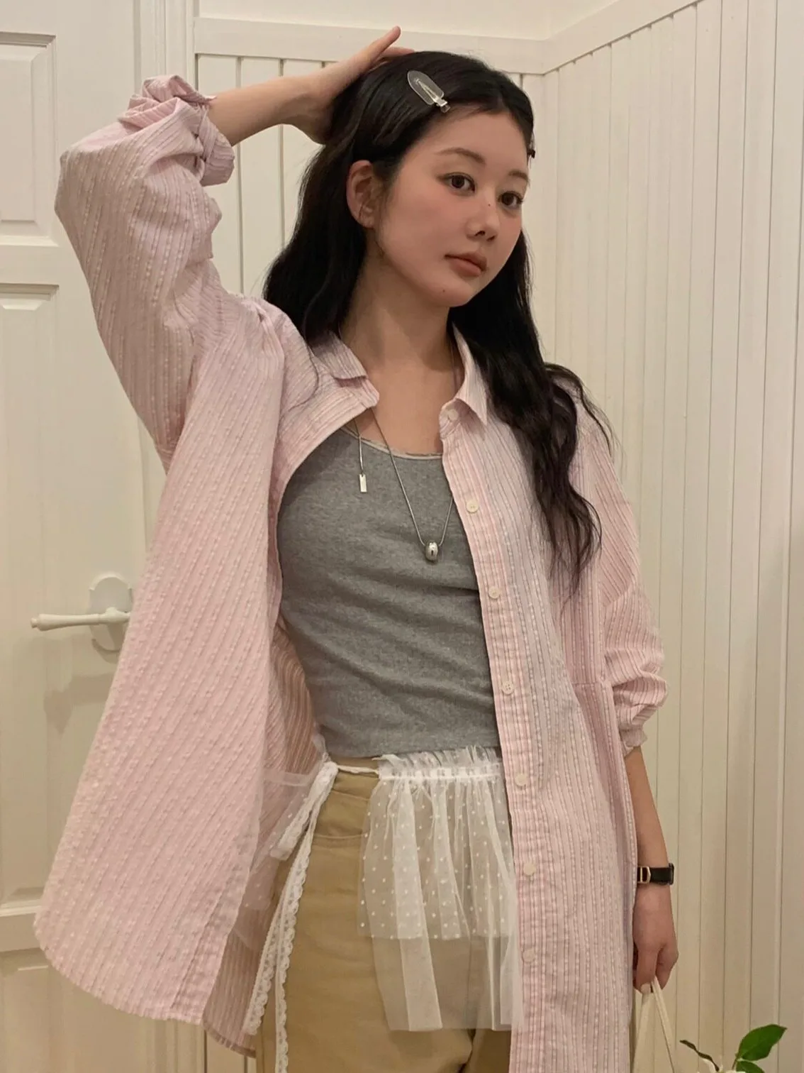Chic Striped Loose Long Sleeve Women's Shirt Autumn Style Korean Fashion Mid-Length Casual Inner Wear for Various Occasions