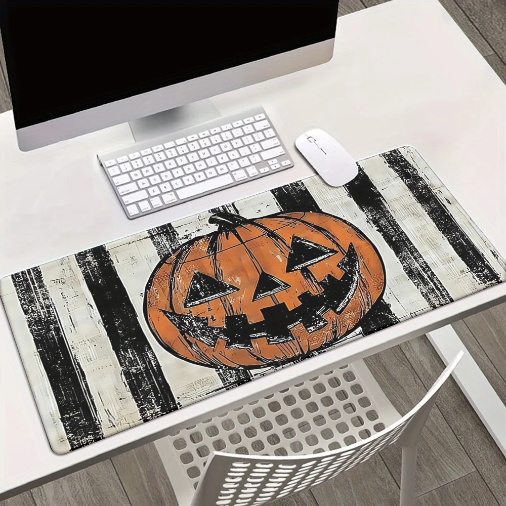 Pumpkin Halloween Desk Mat Black White Stripes Large Gaming Mouse Pad Rubber Anti-Slip Office Mat