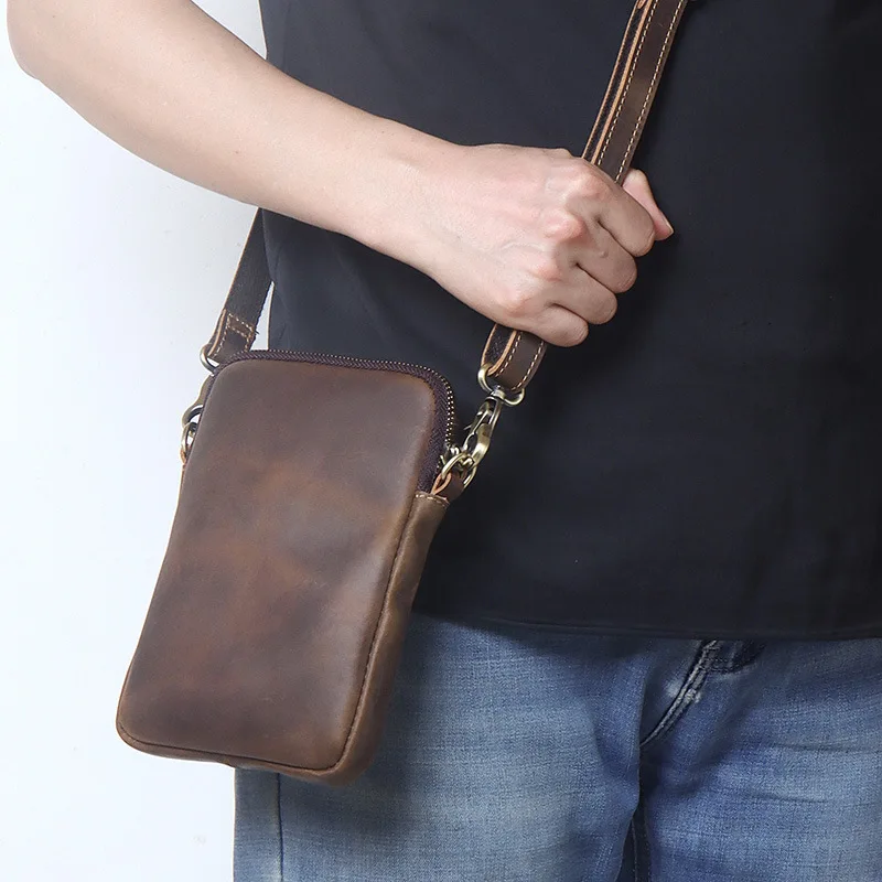 Retro Genuine Leather Men Shoulder Bag Crazy Horse Leather Casual Vertical Crossbody Bag Large Capacity Cowhide Sling Bag