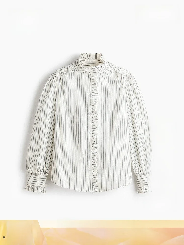 

H&M Women's Shirt Summer New Simple Commute Pleated Trendy Wood Ear Shirt Cotton Nylon Spandex Button up Long Sleeve