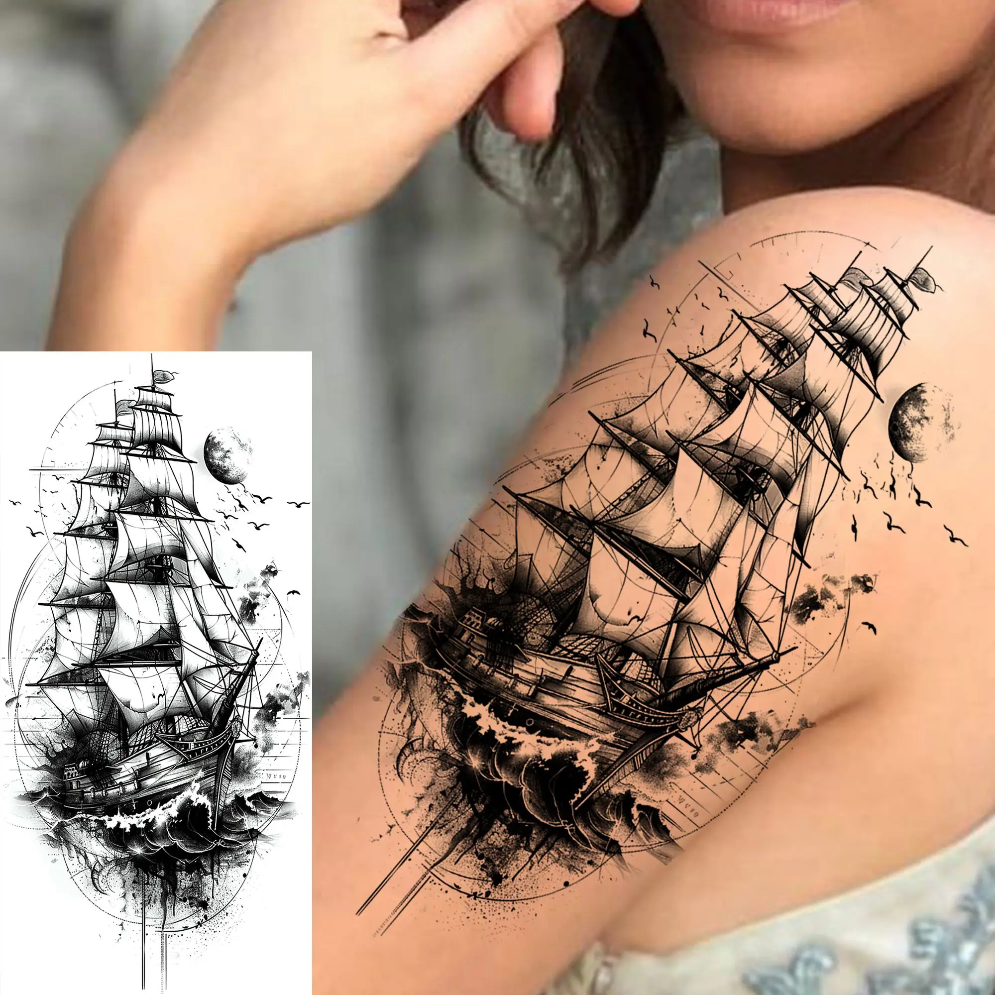 1 Sheet Fashion Priate Ship Compass Temporary Tattoos For Men Women Adults Long Lasting Realistic Waterproof Fake Tattoo Sticker