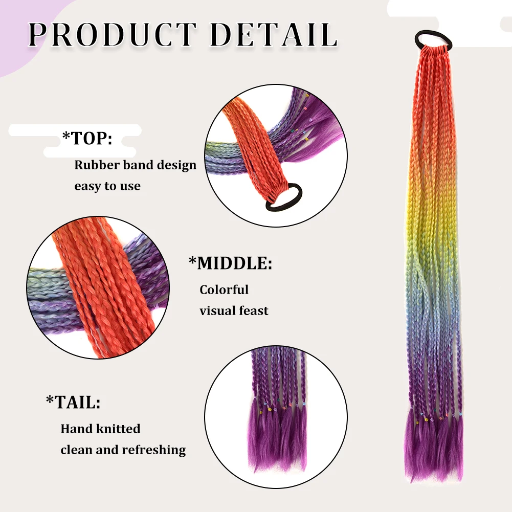 Colorful Braided Ponytail Synthetic Hair Extension 24 Inches Rainbow Color Braids Pony Tail with Elastic Band for Women Girls