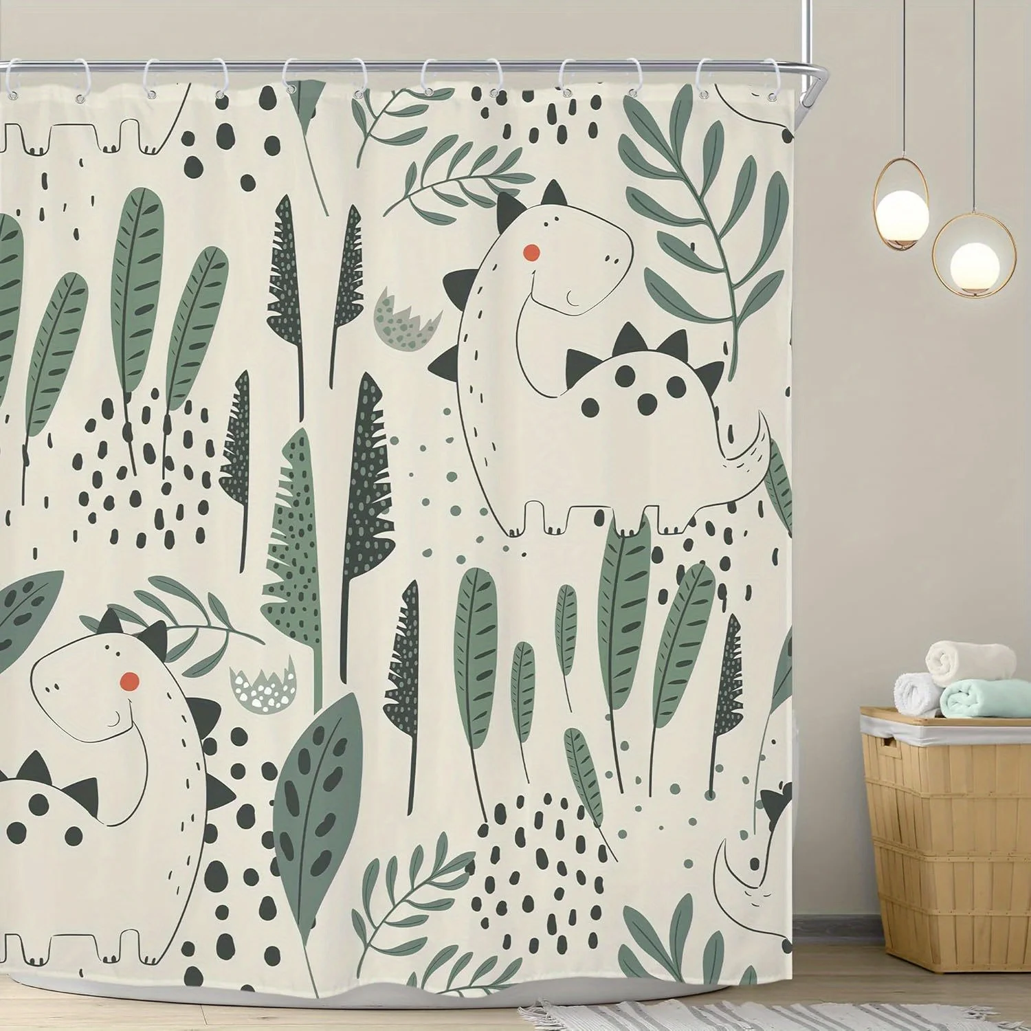 

1pc Funny Dinosaur Shower Curtain Cute Dino Cartoon Animals Tropical Leaves Plant Beige Green Bathroom Decor 12 Pack Hooks