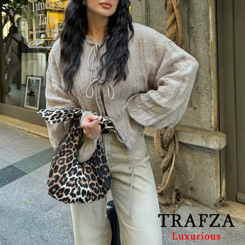 TRAFZA Casual Linen Loose Jackets Women O Neck Long Lantern Sleeve Coats Fashion 2024 Bow Tie Office Lady Shirts Elegant Outwear