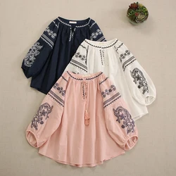 Mori Girl Ethnic Style Vintage Embroidery Lace Up Cotton Blouse Women Latern Sleeve O-neck Casual Loose Shirt Tops