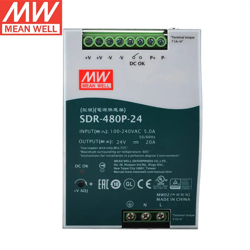 MEAN WELL Única Saída Industrial DIN RAIL, PFC e Fonte de Alimentação de Comutação Paralela, Novo, Original, SDR-480P-24, 24V, 20A