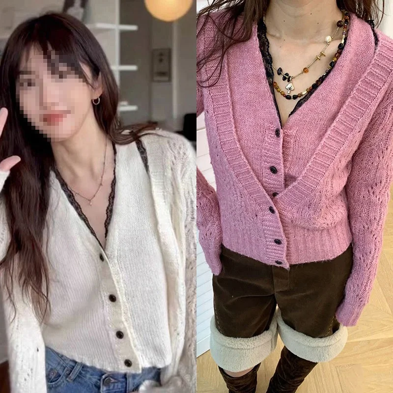 

French Sle V-Ne Knitted Open Cardigan Women's Top Bla Lace Trim Splicing Fake Two-Piece Autumn Winter New Arrival