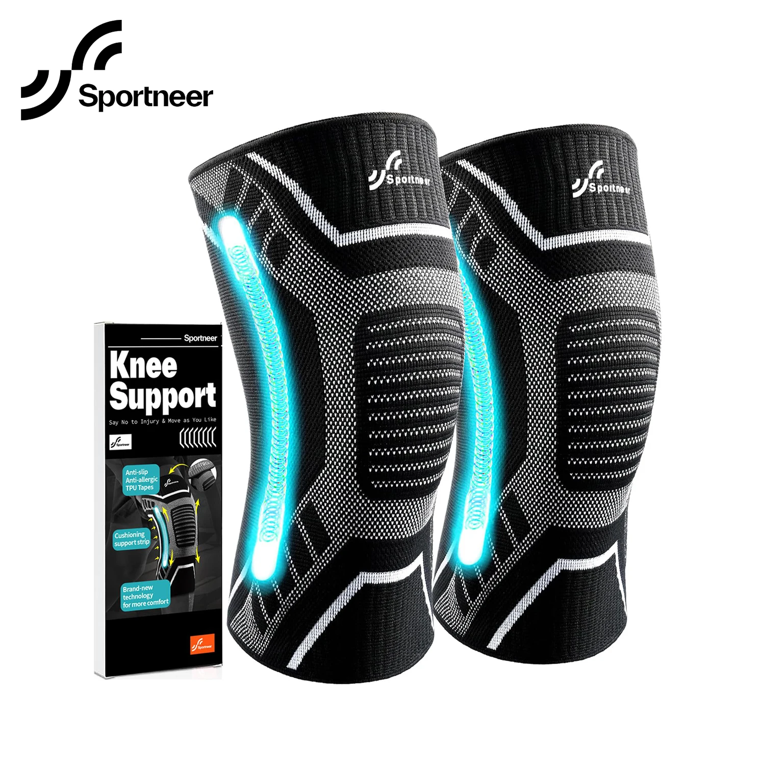 Sportneer Knee Brace Sport Knee Pads Compression Sleeve with Side Stabilizers Knee Support for Men & Women Gym Running Hiking