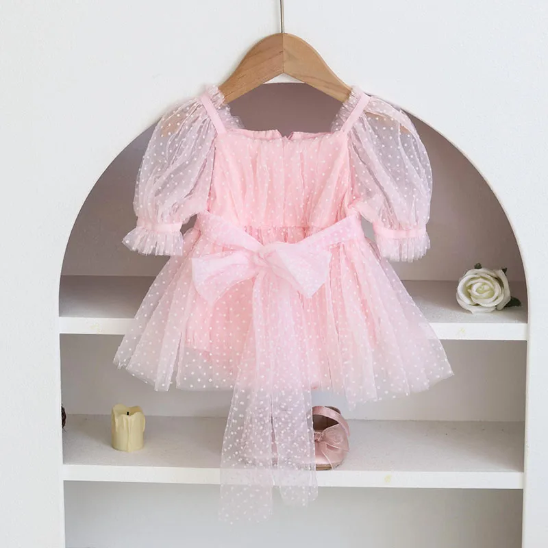 2023 nowy letni maluch dziewczynek kombinezon z krótkim rękawem bawełniana siatka łączenie niemowlę dziewczynka body 0-24M ubrania dla dzieci